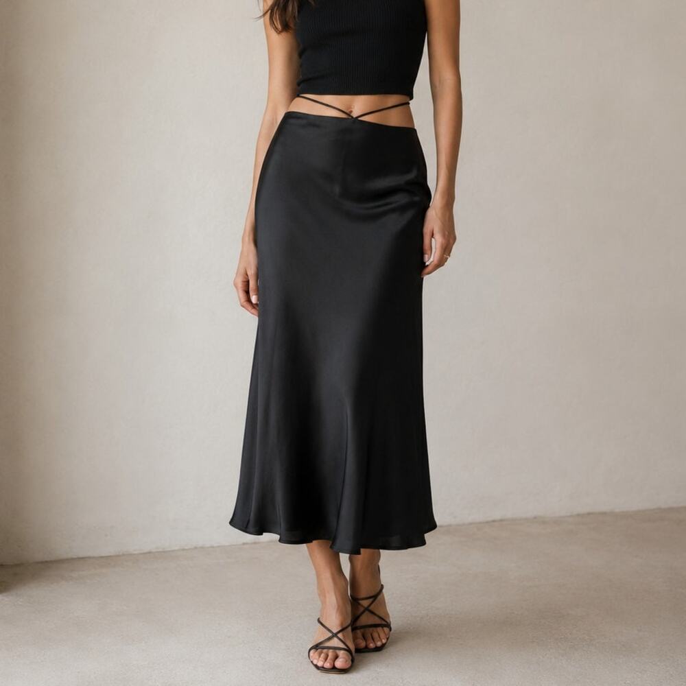 Musier Paris Romane Skirt Womens FR36/ 4 Black Satin Tie A-line Midi